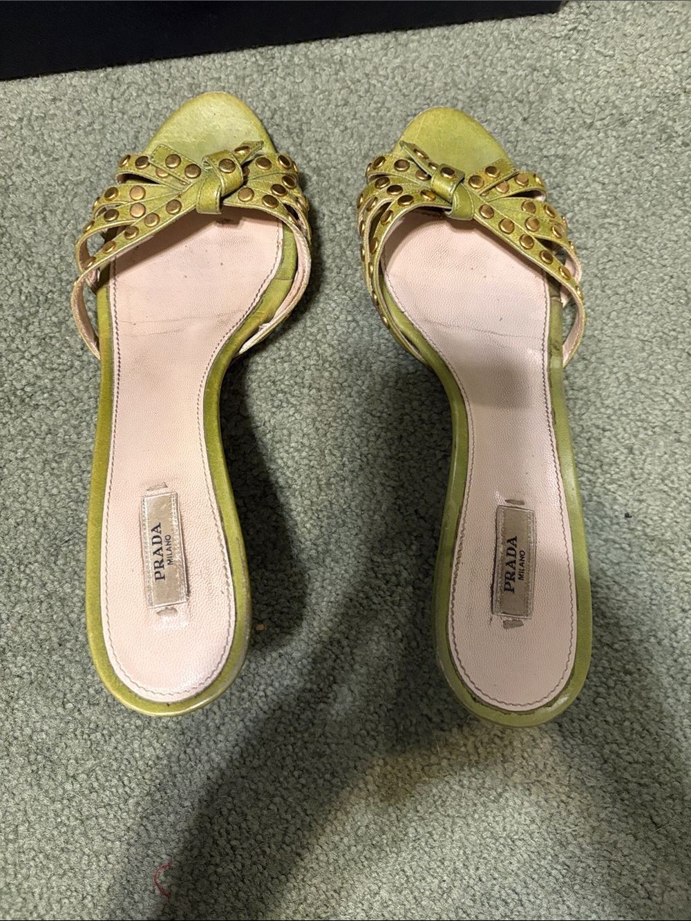 Prada Olive Green Studded Leather Kitten Heel Mules - Picture 5 of 5